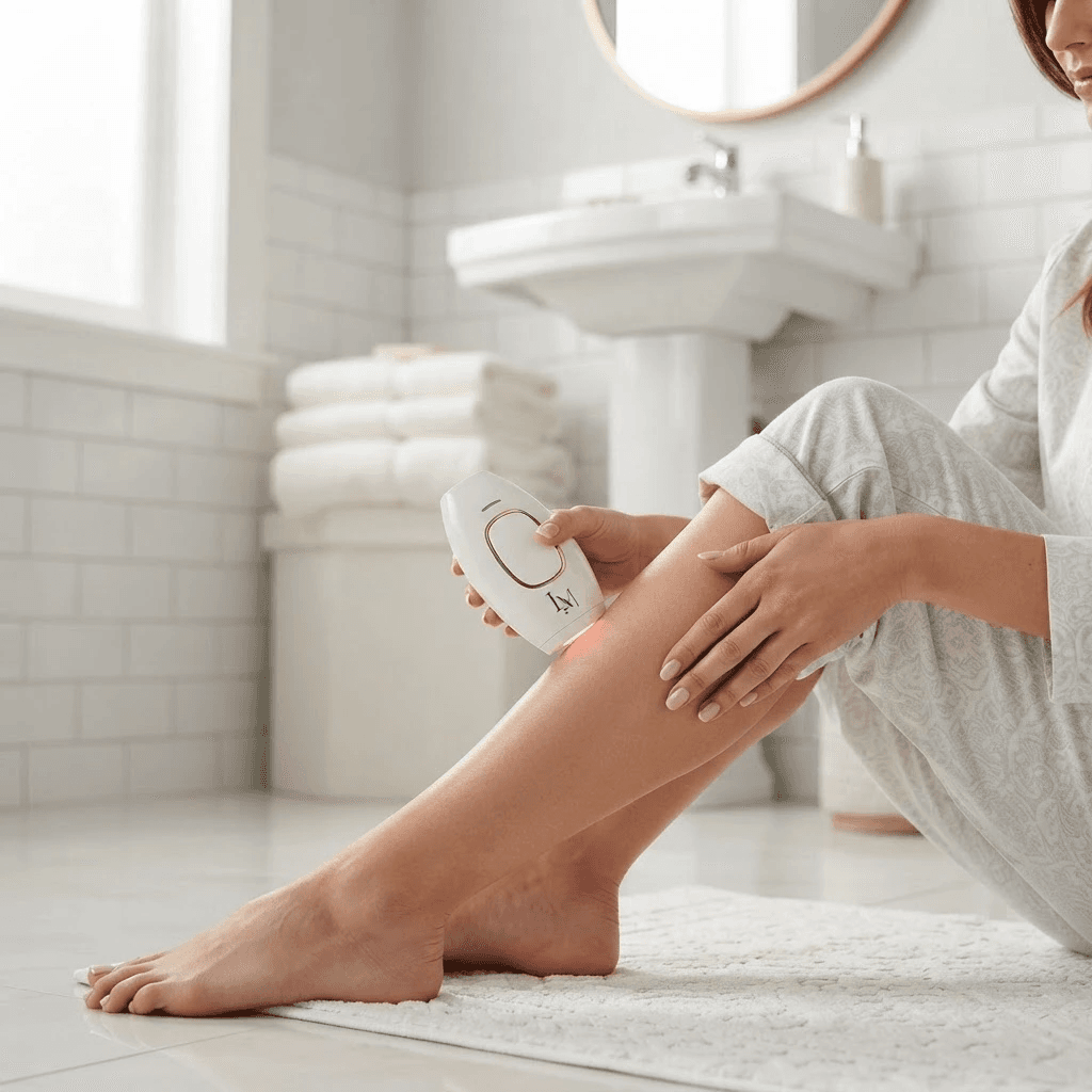 Woman using Lumimor IPL at home in a calm bathroom setting