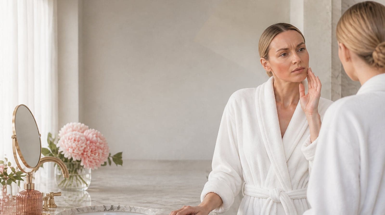 Woman in a white robe noticing razor irritation in the bathroom mirror